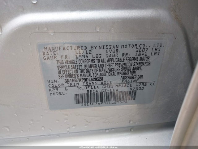 2013 Nissan Sentra Sl მანქანა იყიდება აუქციონზე, vin: 3N1AB7AP9DL629528, აუქციონის ნომერი: 45047010