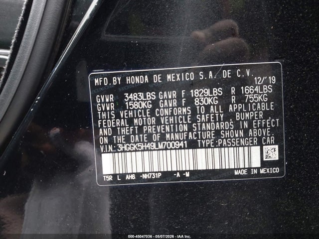 45047036 :رقم المزاد ، 3HGGK5H49LM700941 vin ، 2020 Honda Fit Lx مزاد بيع