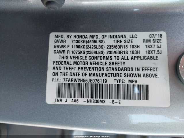 45047040 :رقم المزاد ، 7FARW2H56JE076119 vin ، 2018 Honda Cr-v Ex مزاد بيع
