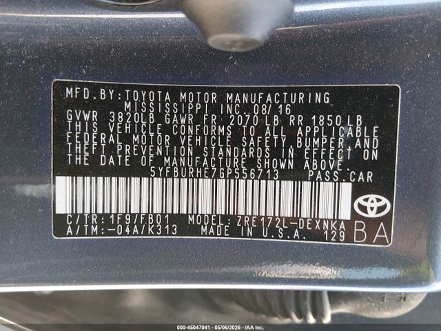 Продаж на аукціоні авто 2016 Toyota Corolla Le, vin: 5YFBURHE7GP556713, номер лоту: 45047041