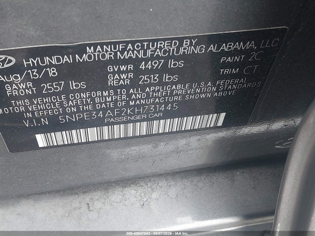 Aukcja sprzedaży 2019 Hyundai Sonata Limited, vin: 5NPE34AF2KH731445, numer aukcji: 45047043