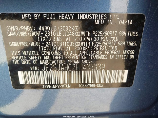 Aukcja sprzedaży 2015 Subaru Forester 2.5i Limited, vin: JF2SJAHC2FH433339, numer aukcji: 45047060