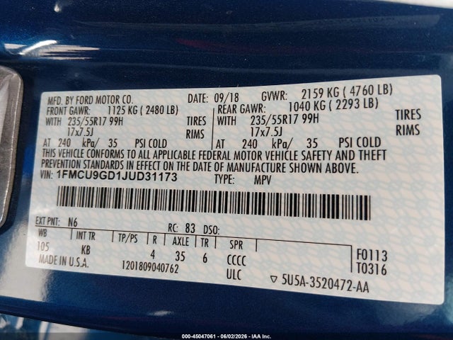 1FMCU9GD1JUD31173 Ford ESCAPE SE