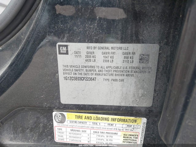 45047064 :رقم المزاد ، 1G1ZC5E03CF223647 vin ، 2012 Chevrolet Malibu 1lt مزاد بيع