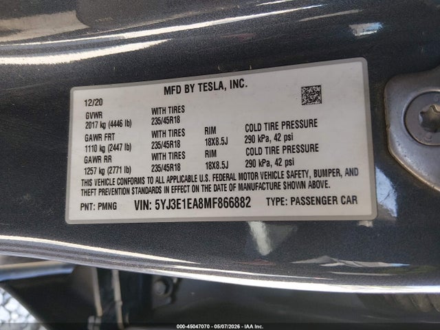 2021 Tesla Model 3 Standard Range Plus Rear-wheel Drive მანქანა იყიდება აუქციონზე, vin: 5YJ3E1EA8MF866882, აუქციონის ნომერი: 45047070