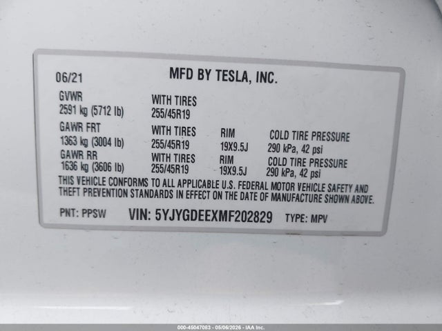 Aukcja sprzedaży 2021 Tesla Model Y Long Range Dual Motor All-wheel Drive, vin: 5YJYGDEEXMF202829, numer aukcji: 45047083