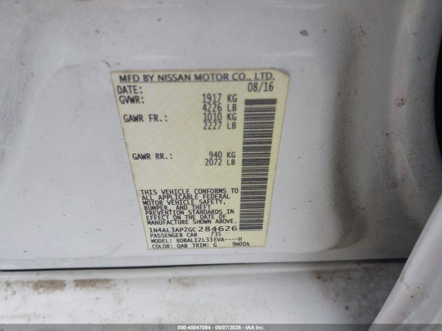 2016 Nissan Altima 2.5 Sv მანქანა იყიდება აუქციონზე, vin: 1N4AL3AP2GC284626, აუქციონის ნომერი: 45047084