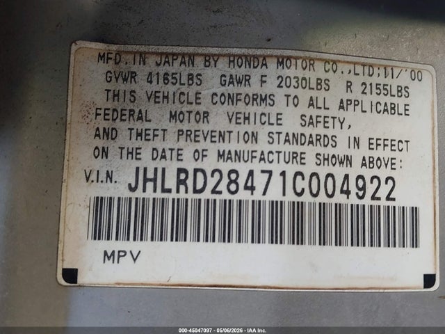 Продажа на аукционе авто 2001 Honda Cr-v Lx, vin: JHLRD28471C004922, номер лота: 45047097