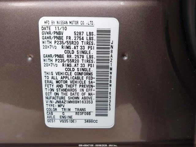 45047100 :رقم المزاد ، JN8AZ1MW8BW163353 vin ، 2011 Nissan Murano Le مزاد بيع