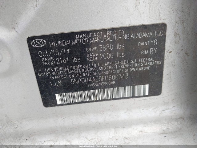 Aukcja sprzedaży 2015 Hyundai Elantra Se, vin: 5NPDH4AE5FH600343, numer aukcji: 45047102