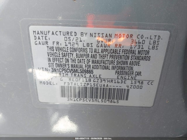 Продаж на аукціоні авто 2021 Nissan Kicks Sv Xtronic Cvt, vin: 3N1CP5CV5ML509865, номер лоту: 45047115