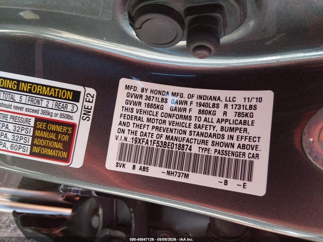 Aukcja sprzedaży 2011 Honda Civic Lx, vin: 19XFA1F53BE018874, numer aukcji: 45047126
