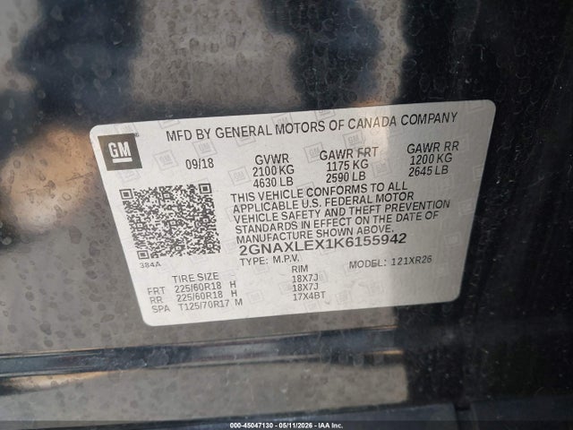 Продаж на аукціоні авто 2019 Chevrolet Equinox Lt, vin: 2GNAXLEX1K6155942, номер лоту: 45047130