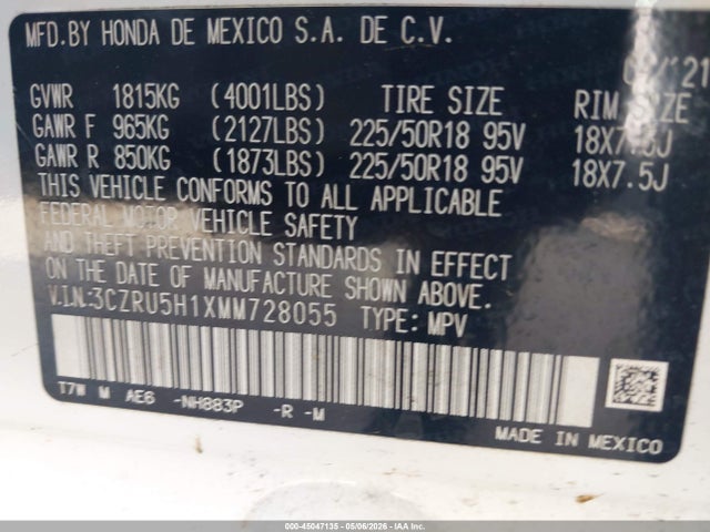 45047135 :رقم المزاد ، 3CZRU5H1XMM728055 vin ، 2021 Honda Hr-v 2wd Sport مزاد بيع