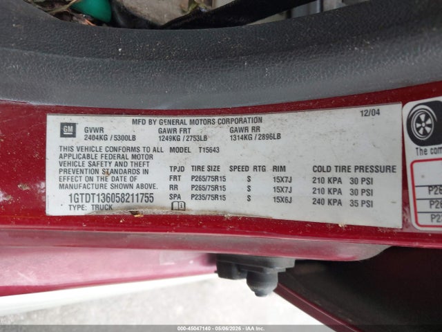 Продажа на аукционе авто 2005 Gmc Canyon Sle, vin: 1GTDT136058211755, номер лота: 45047140
