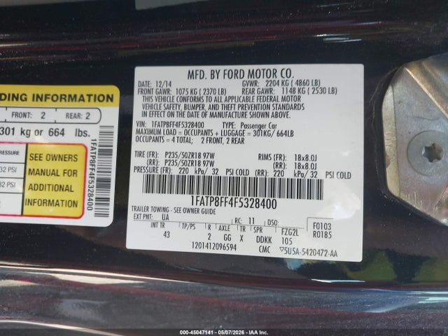 45047141 :رقم المزاد ، 1FATP8FF4F5328400 vin ، 2015 Ford Mustang Gt Premium مزاد بيع