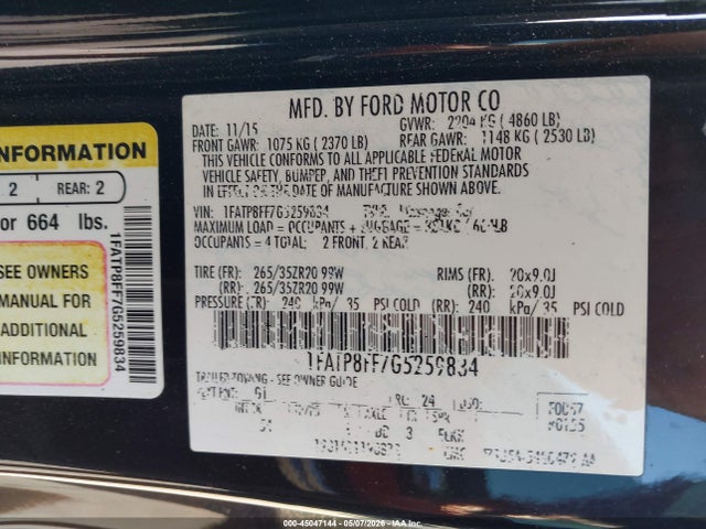 2016 Ford Mustang Gt Premium მანქანა იყიდება აუქციონზე, vin: 1FATP8FF7G5259834, აუქციონის ნომერი: 45047144