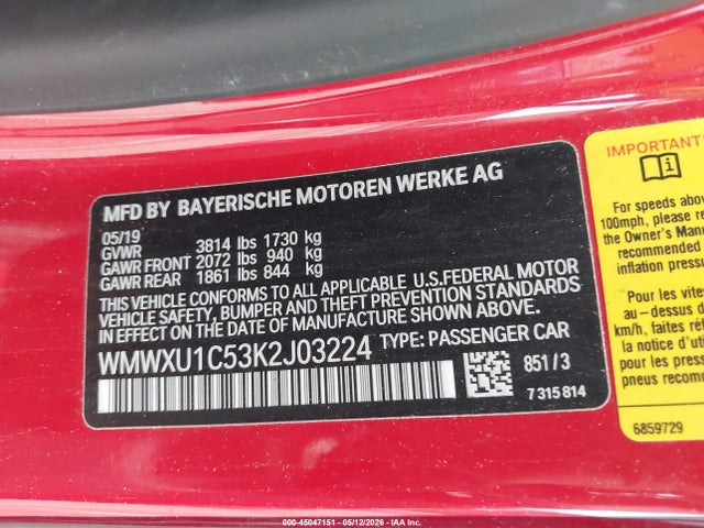 Aukcja sprzedaży 2019 Mini Hardtop Cooper, vin: WMWXU1C53K2J03224, numer aukcji: 45047151