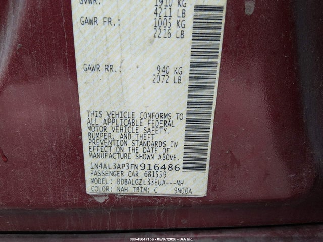 45047156 :رقم المزاد ، 1N4AL3AP3FN916486 vin ، 2015 Nissan Altima 2.5 S مزاد بيع
