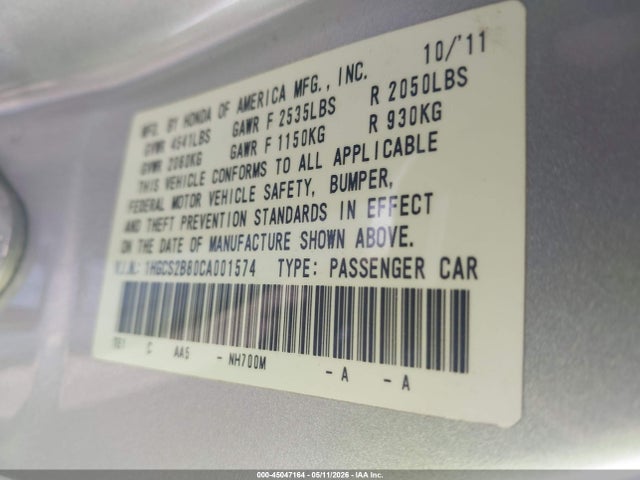 Aukcja sprzedaży 2012 Honda Accord 3.5 Ex-l, vin: 1HGCS2B80CA001574, numer aukcji: 45047164