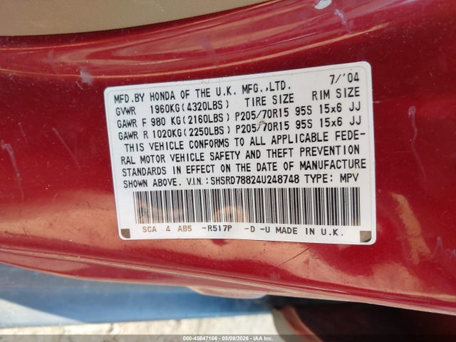 Aukcja sprzedaży 2004 Honda Cr-v Ex, vin: SHSRD78824U248748, numer aukcji: 45047166