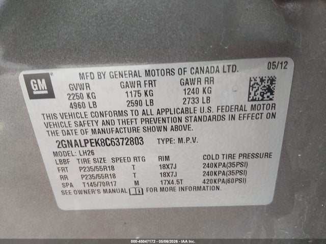 Aukcja sprzedaży 2012 Chevrolet Equinox 2lt, vin: 2GNALPEK8C6372803, numer aukcji: 45047172