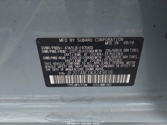 2019 Subaru Crosstrek 2.0i Limited მანქანა იყიდება აუქციონზე, vin: JF2GTANC0K8249838, აუქციონის ნომერი: 45047174