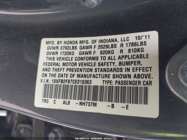 Продаж на аукціоні авто 2012 Honda Civic Ex, vin: 19XFB2F87CE019363, номер лоту: 45047177