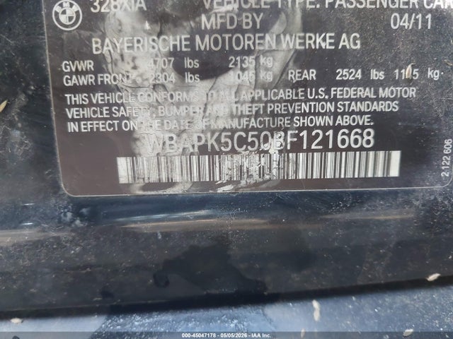 2011 Bmw 328i Xdrive მანქანა იყიდება აუქციონზე, vin: WBAPK5C50BF121668, აუქციონის ნომერი: 45047178
