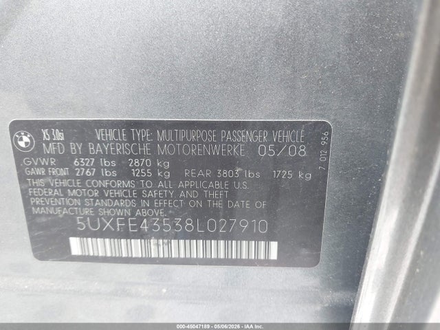 45047189 :رقم المزاد ، 5UXFE43538L027910 vin ، 2008 Bmw X5 3.0si مزاد بيع
