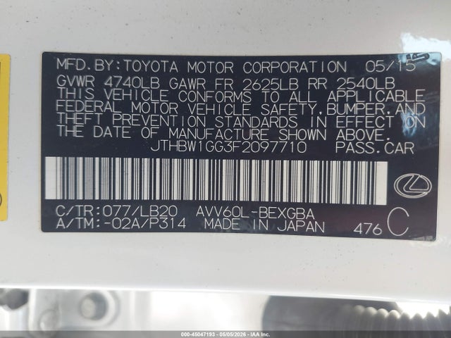 Продажа на аукционе авто 2015 Lexus Es 300h, vin: JTHBW1GG3F2097710, номер лота: 45047193