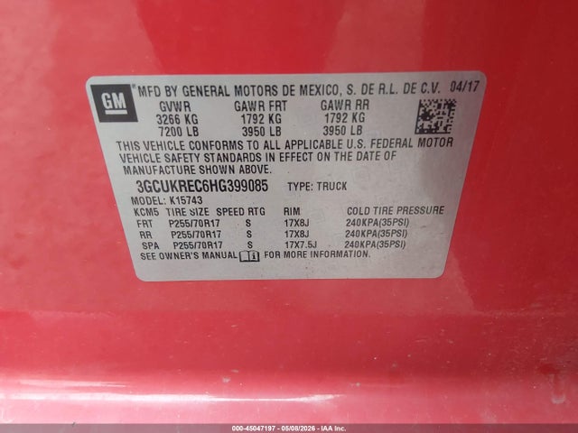 Продажа на аукционе авто 2017 Chevrolet Silverado 1500 1lt, vin: 3GCUKREC6HG399085, номер лота: 45047197