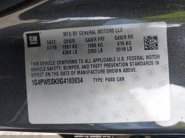 2016 Buick Verano Sport Touring Group მანქანა იყიდება აუქციონზე, vin: 1G4PW5SK8G4183834, აუქციონის ნომერი: 45047202