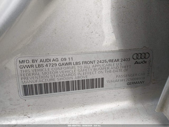 45047203 :رقم المزاد ، WAUAFAFL2CN008938 vin ، 2012 Audi A4 2.0t Premium مزاد بيع
