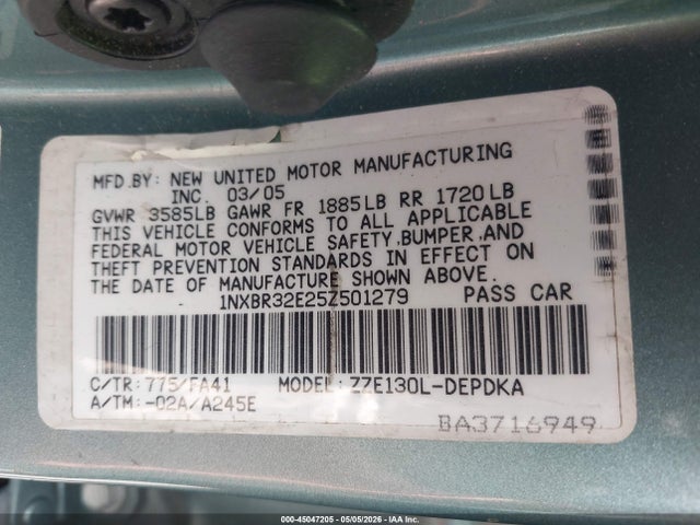 Продажа на аукционе авто 2005 Toyota Corolla Ce, vin: 1NXBR32E25Z501279, номер лота: 45047205