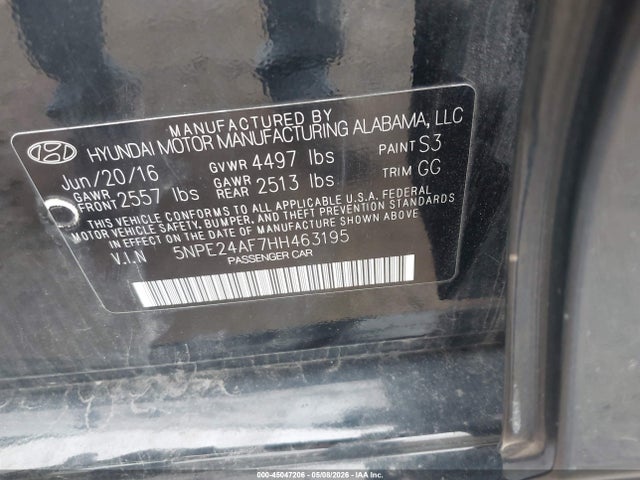 2017 Hyundai Sonata Se მანქანა იყიდება აუქციონზე, vin: 5NPE24AF7HH463195, აუქციონის ნომერი: 45047206