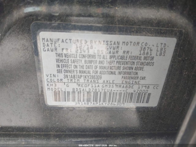 45047218 :رقم المزاد ، 3N1AB7AP1KY286309 vin ، 2019 Nissan Sentra Sv مزاد بيع