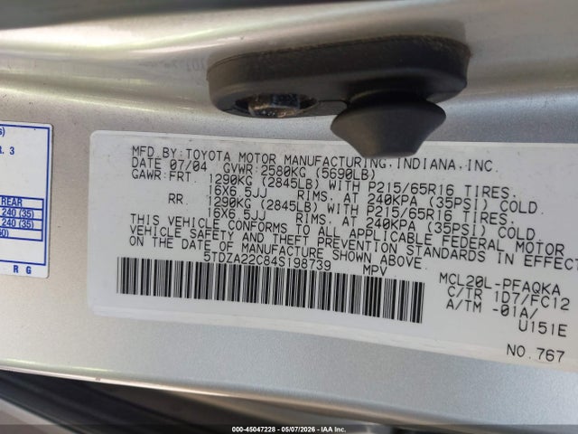 Aukcja sprzedaży 2004 Toyota Sienna Xle, vin: 5TDZA22C84S198739, numer aukcji: 45047228