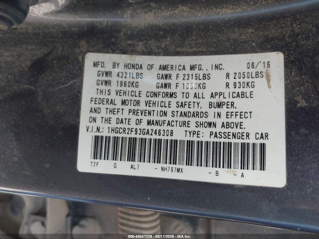 Продажа на аукционе авто 2016 Honda Accord Ex-l, vin: 1HGCR2F93GA246308, номер лота: 45047229