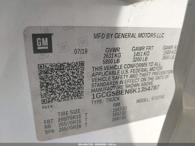 Aukcja sprzedaży 2019 Chevrolet Colorado Wt, vin: 1GCGSBEN6K1354787, numer aukcji: 45047230