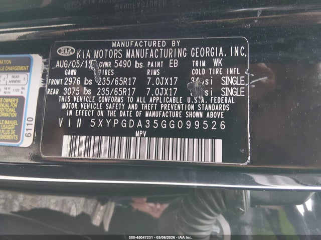 Aukcja sprzedaży 2016 Kia Sorento 2.4l Lx, vin: 5XYPGDA35GG099526, numer aukcji: 45047231