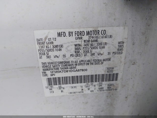 Aukcja sprzedaży 2013 Ford Explorer Xlt, vin: 1FM5K7D81DGA87800, numer aukcji: 45047235