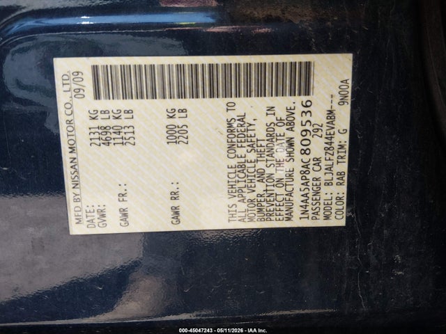 45047243 :رقم المزاد ، 1N4AA5AP8AC809536 vin ، 2010 Nissan Maxima 3.5 Sv W/premium Pkg مزاد بيع