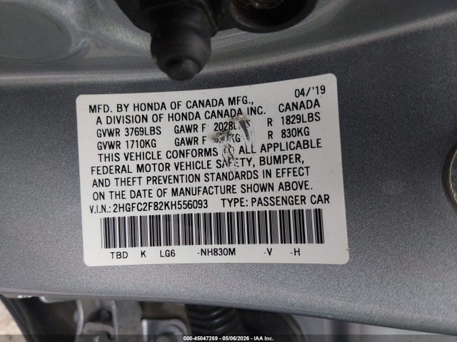 Продаж на аукціоні авто 2019 Honda Civic Sport, vin: 2HGFC2F82KH556093, номер лоту: 45047269