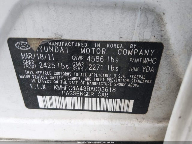 45047286 :رقم المزاد ، KMHEC4A43BA003618 vin ، 2011 Hyundai Sonata Hybrid مزاد بيع