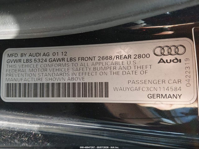 45047287 :رقم المزاد ، WAUYGAFC3CN114584 vin ، 2012 Audi A7 Premium مزاد بيع