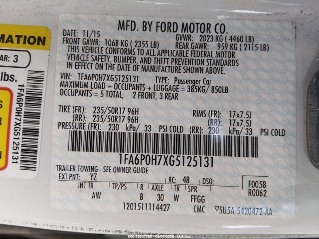 2016 Ford Fusion Se მანქანა იყიდება აუქციონზე, vin: 1FA6P0H7XG5125131, აუქციონის ნომერი: 45047288