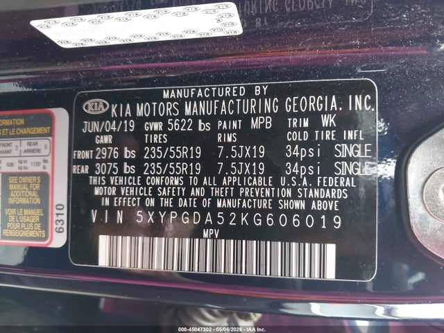 2019 Kia Sorento 3.3l S მანქანა იყიდება აუქციონზე, vin: 5XYPGDA52KG606019, აუქციონის ნომერი: 45047302