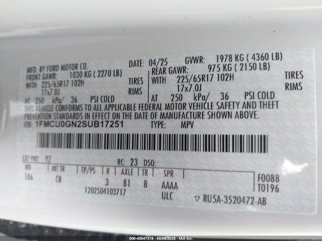 Продажа на аукционе авто 2025 Ford Escape Active, vin: 1FMCU0GN2SUB17251, номер лота: 45047319