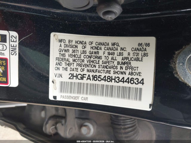45047330 :رقم المزاد ، 2HGFA16548H344634 vin ، 2008 Honda Civic Lx مزاد بيع